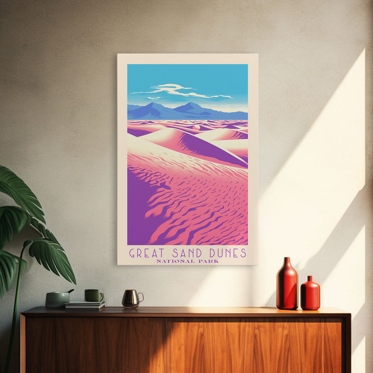 Great Sand Dunes National Park Travel Poster Art, Canvas Print Wall Art, Colorado Travel Art, Midcentury Modern Travel Decor, MCM Wall Art