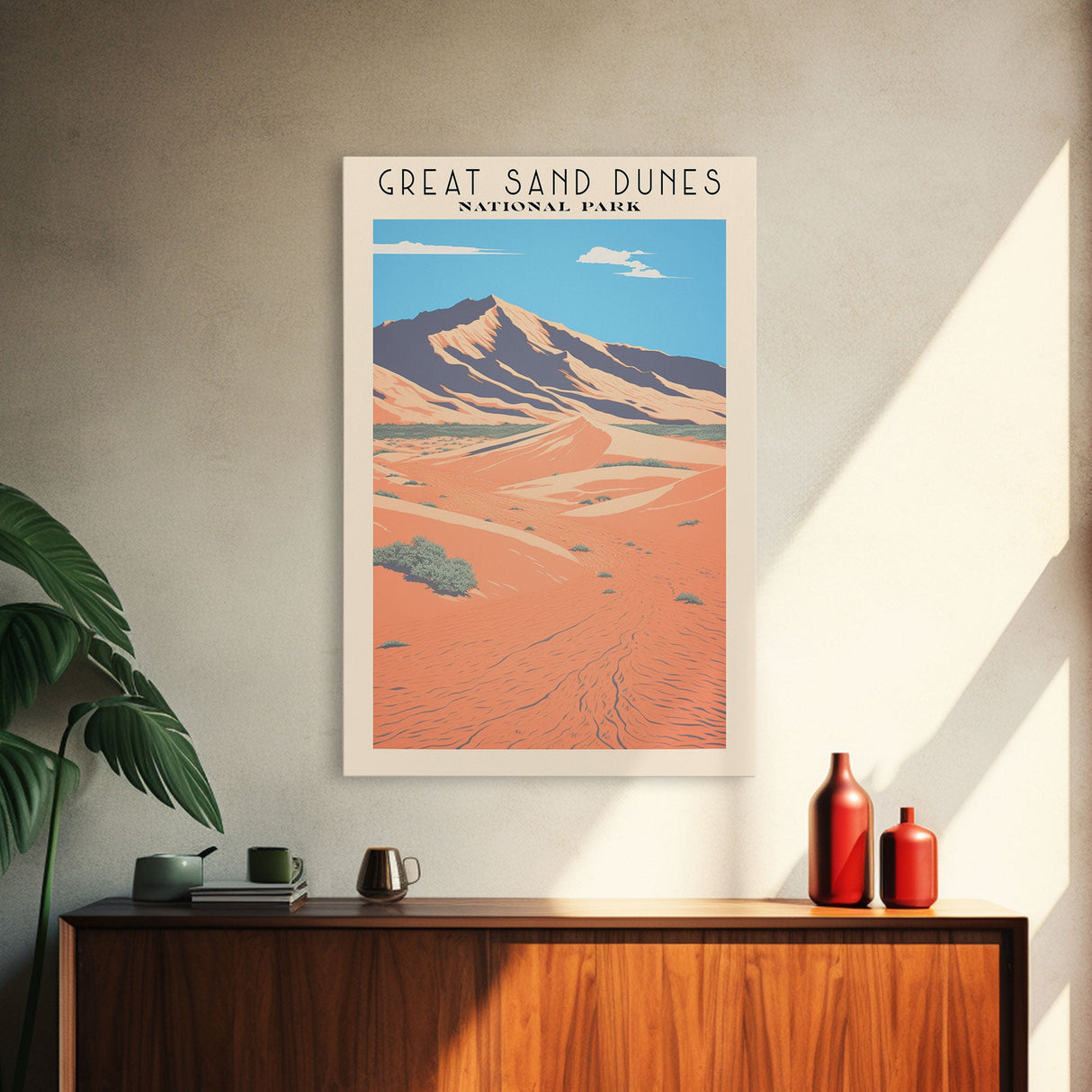 Great Sand Dunes National Park Travel Poster Art, Canvas Print Wall Art, Colorado Travel Art, Midcentury Modern Travel Decor, MCM Wall Art