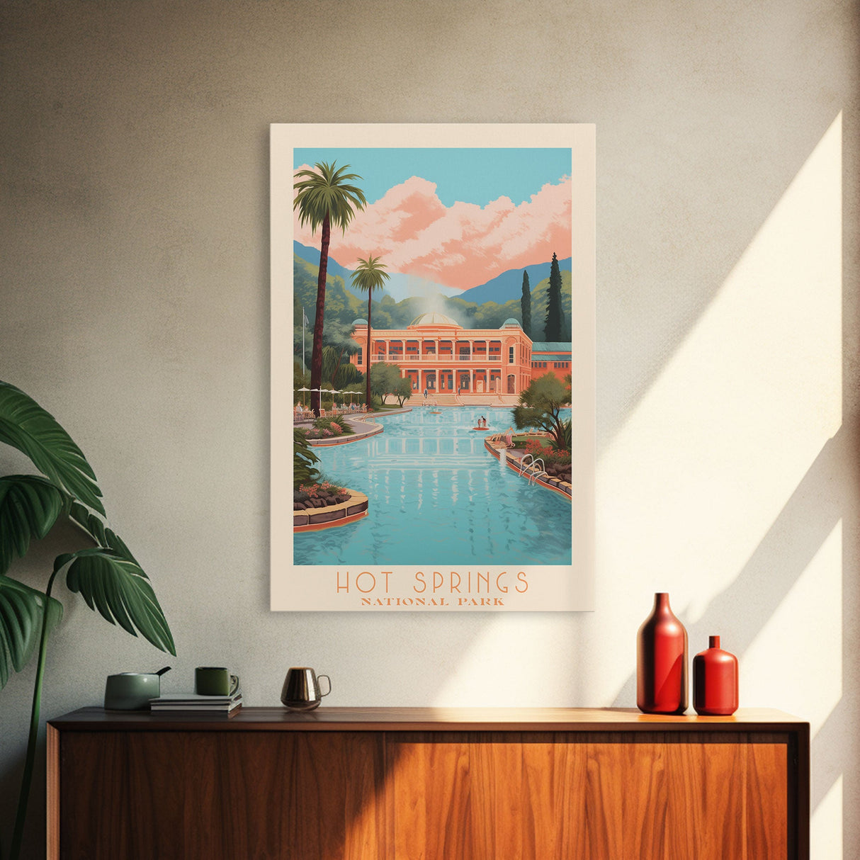 Hot Springs National Park Arkansas Travel Art, National Park Print, Minimalist Travel Art, Midcentury Modern Style Landscape Painting