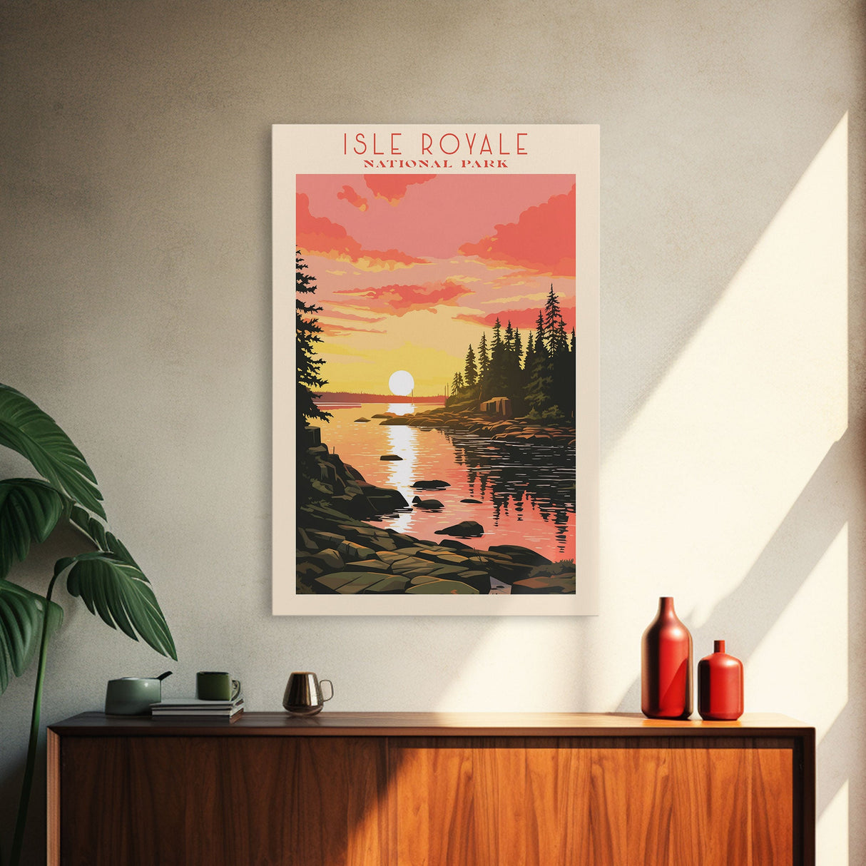 Isle Royale National Park Michigan Travel Art, National Park Print, Minimalist Travel Art, Midcentury Modern Style Landscape Painting