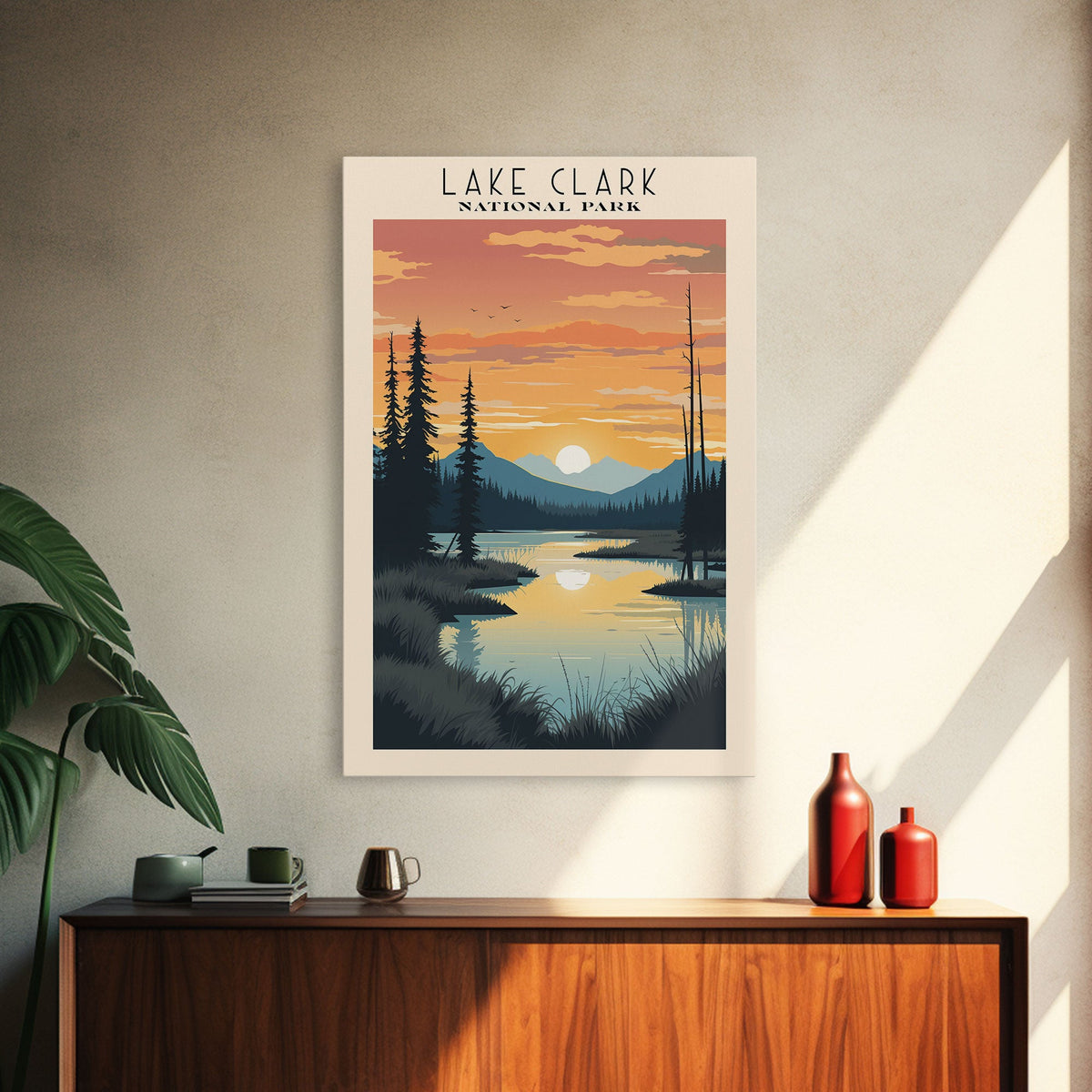 Lake Clark National Park Alaska Travel Art, National Park Print, Minimalist Travel Art, Midcentury Modern Style Landscape Painting