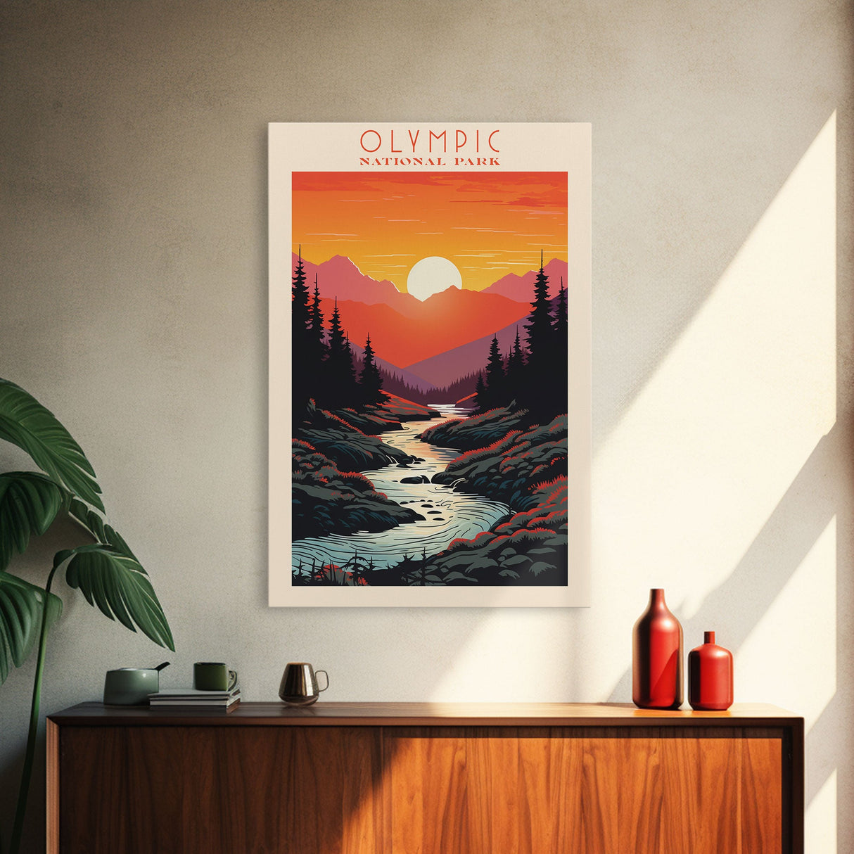Olympic National Park Washington Travel Art, National Park Print, Minimalist Travel Art, Midcentury Modern Style Landscape Painting