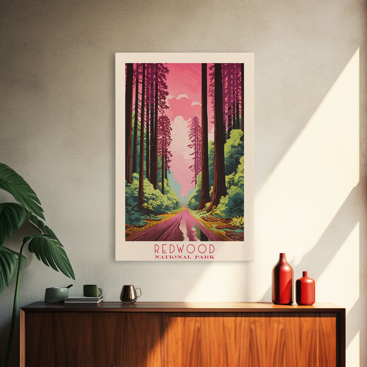 Redwood National Park California Travel Art, National Park Print, Minimalist Travel Art, Midcentury Modern Style Landscape Painting