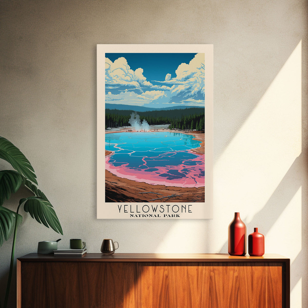 Yellowstone National Park, Wyoming Travel Art, National Park Print, Minimalist Travel Art, Midcentury Modern Retro Style Landscape