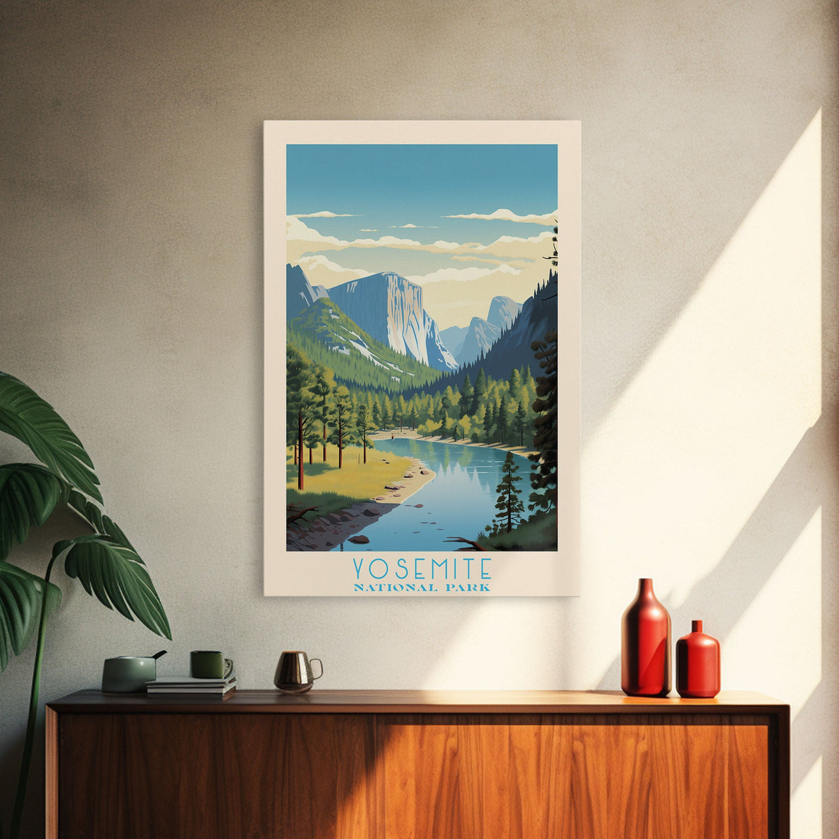 Yosemite National Park, California Travel Art, National Park Print, Minimalist Travel Art, Midcentury Modern Retro Style Landscape