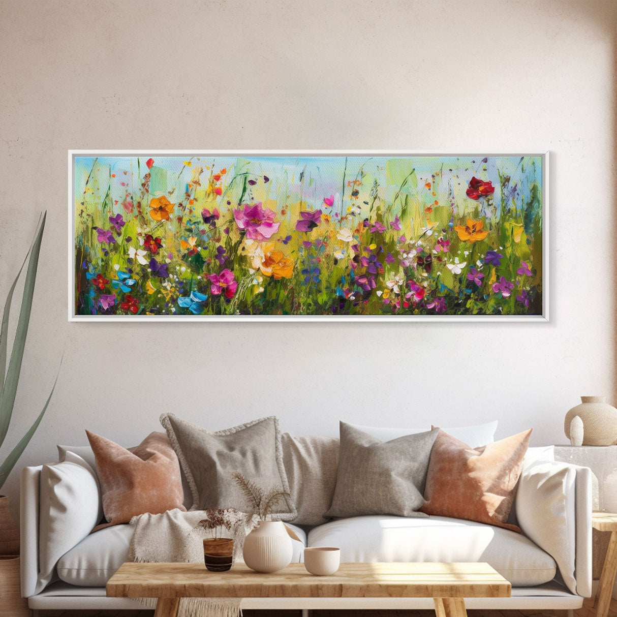 Framed Canvas Print of Original painting, Large wall art, Boho wall décor, Flower painting, Home decor, Modern art, Bedroom decor, Panoramic