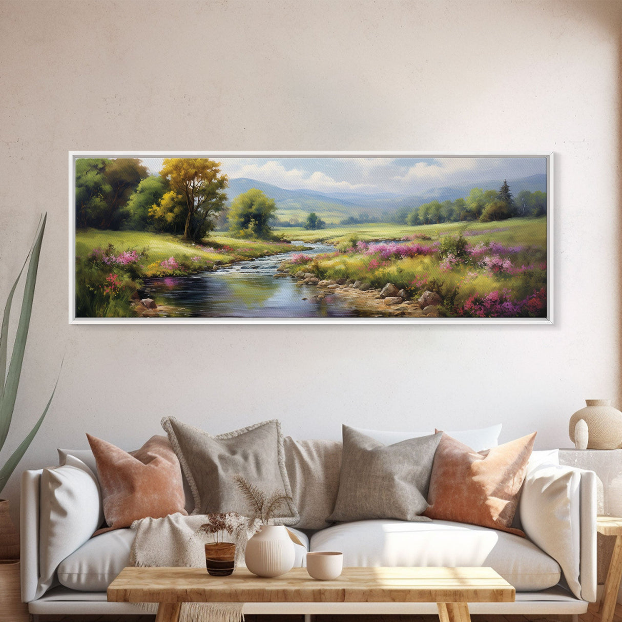 The Meadow, Framed Canvas Print, Framed Wall Art, Large Watercolor Painting, Panoramic Landscape Art Print, Modern Landscape Original Art