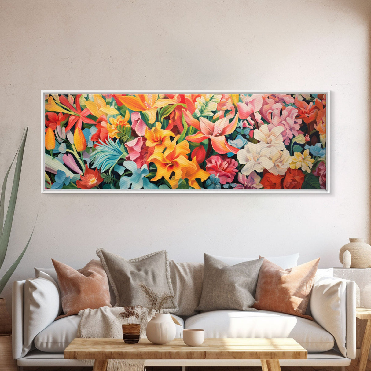 The Samurai, Framed Canvas Print, Panoramic Wall Art, Japanese Warrior Among The Cherry Blossoms, Retro Japanese Watercolor Painting