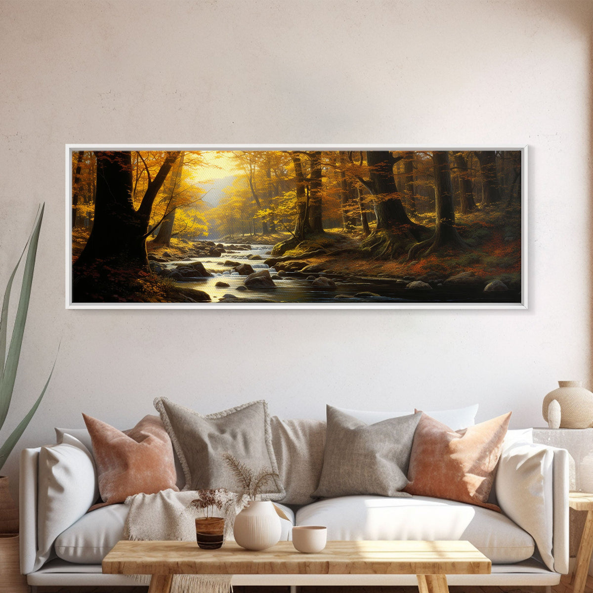 The Forest In The Autumn, Fall Centerpiece, Panoramic Painting Framed Canvas Print, Fall Decor, Orange Leaves Falling In The Forest