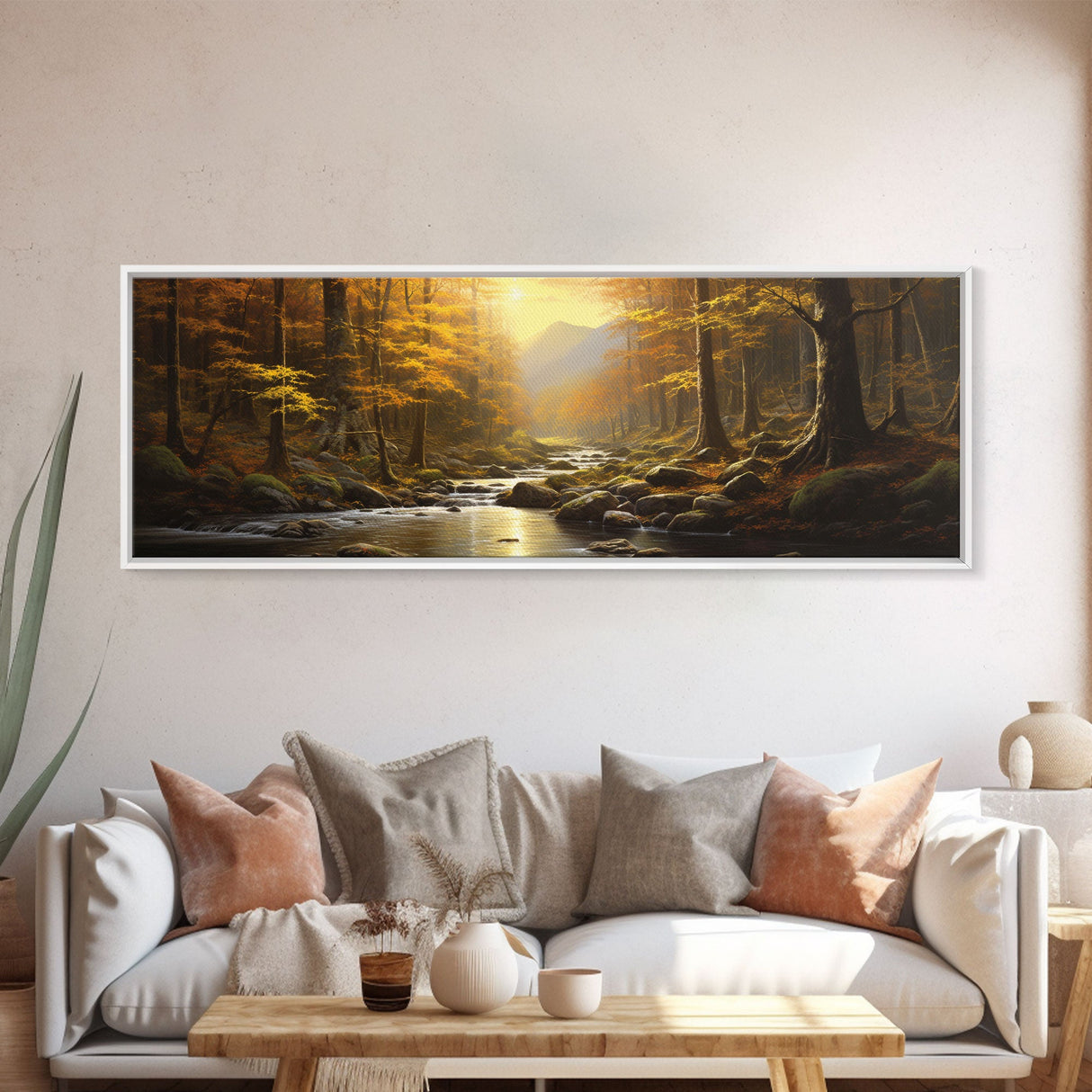 The Forest In The Fall, Fall Centerpiece, Panoramic Painting Framed Canvas Print, Fall Decor, Orange Leaves Falling In The Forest