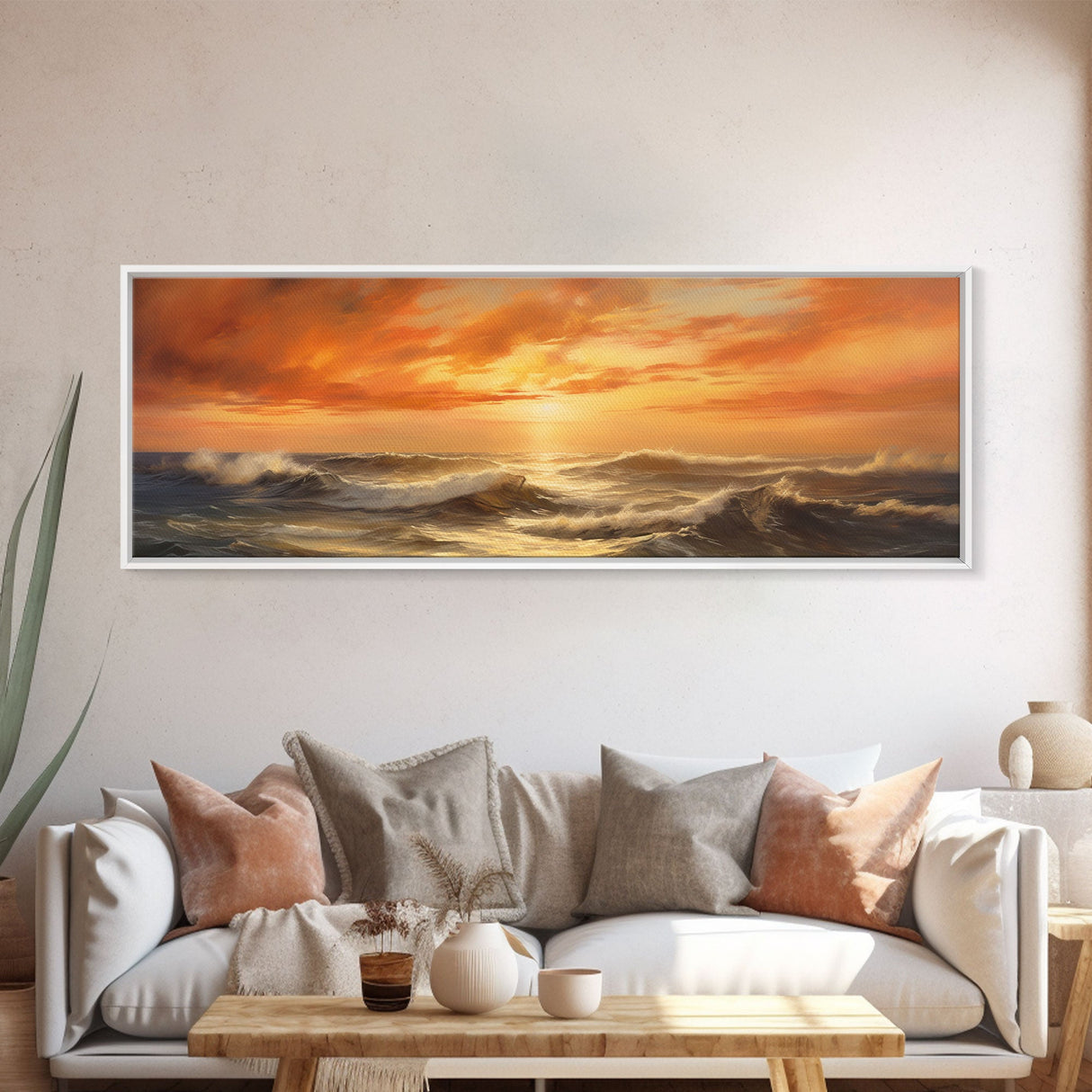 Framed Wall Art Print Set Sunset Horizon on Beach Shore Nature Ocean Oil Painting Nautical Scenic Colorful Multicolor Ultra