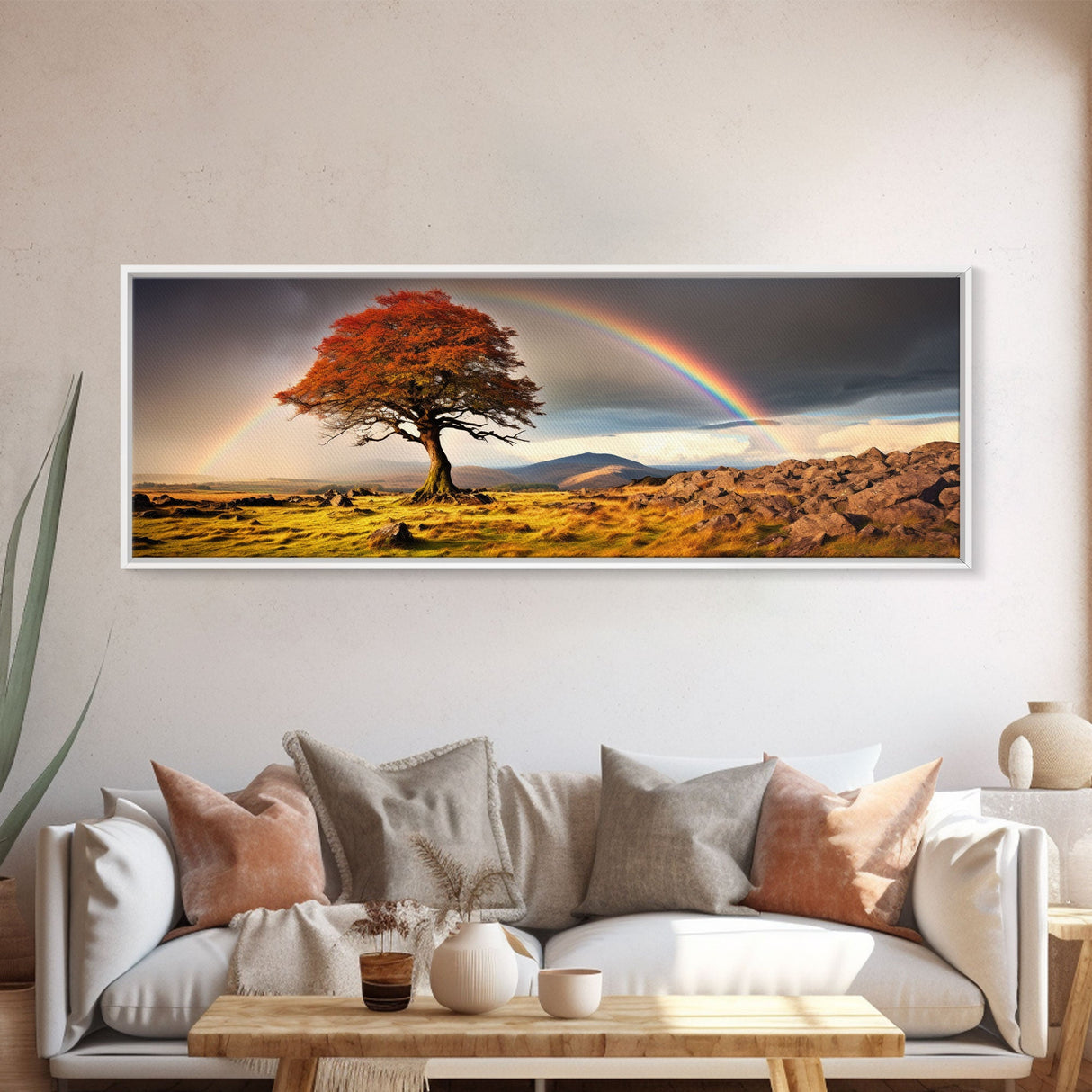 Landscape Wall Art, Vintage Art, Framed Canvas Print, Rainbow Over The Prairie Photography Print, Panoramic Style Extra Large Art