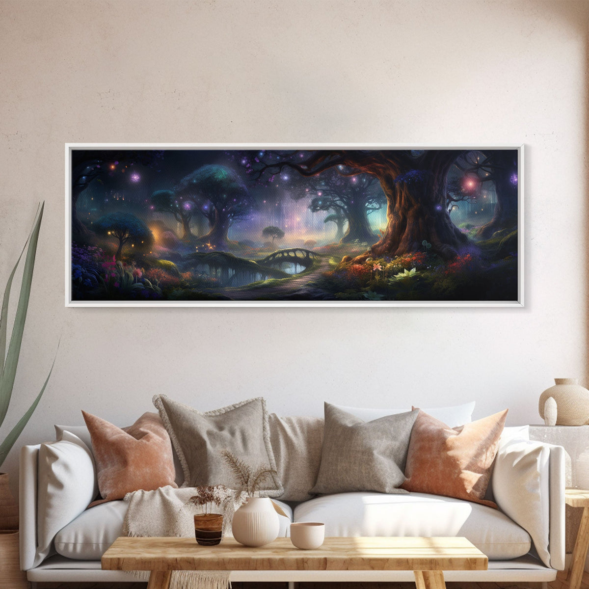 Spiritual Fantasy Forest Wall Art Print, Lanterns and Glowing Trees and Rivers, Fantasy Painting, Living Room Wall Art