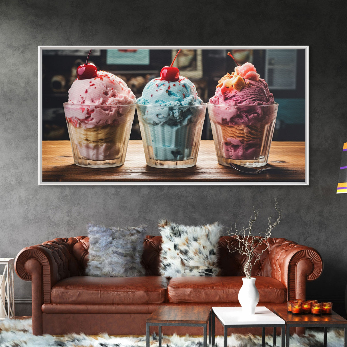 Ice Cream Shop Decor, Framed Canvas Print, Cute Nursery Decor, Retro Ice Cream Parlor Wall Art