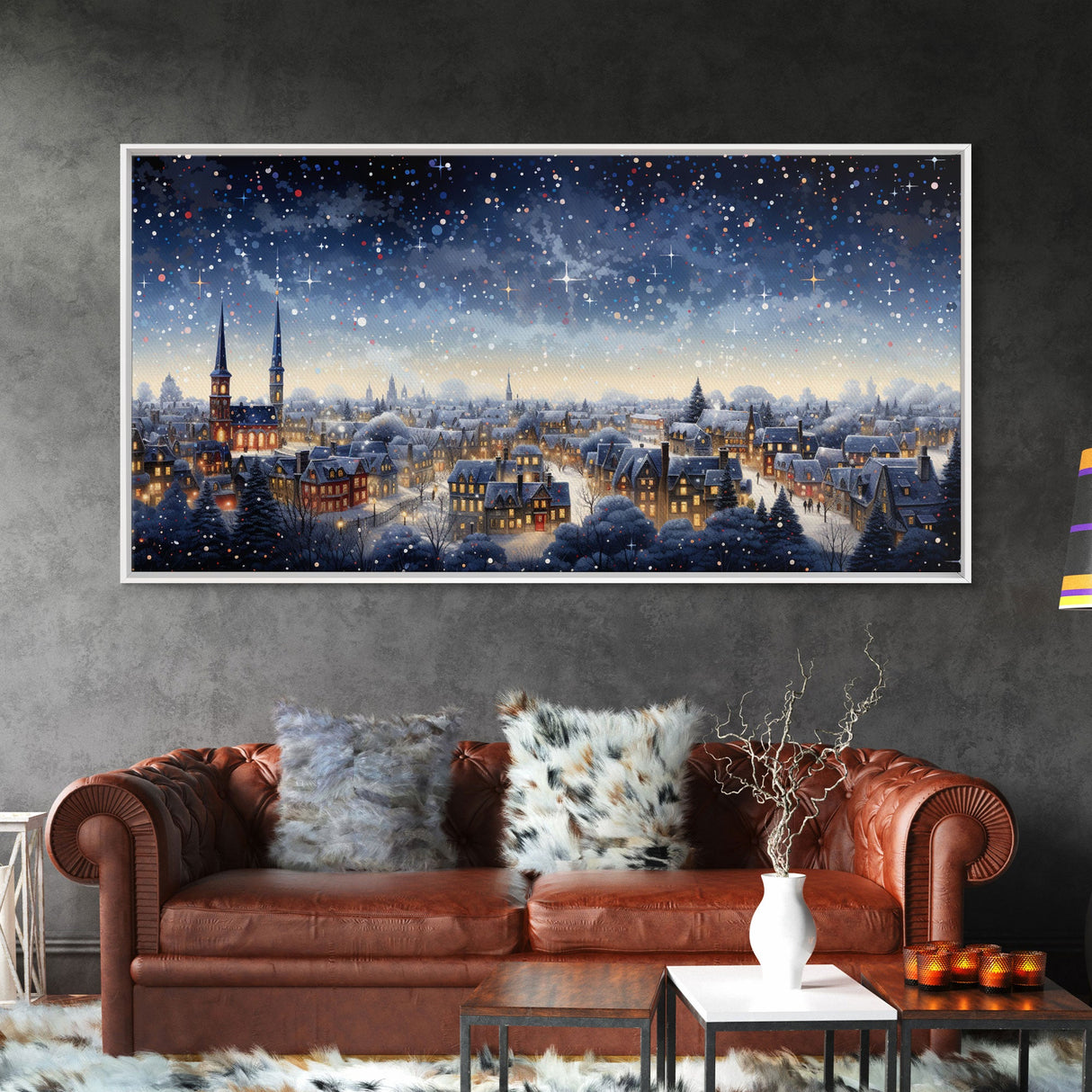Snowfall Over A Victorian Village - Winter Decor - Christmas Wall Art - Framed Canvas Print - Winter Art Print - Winter Landscape