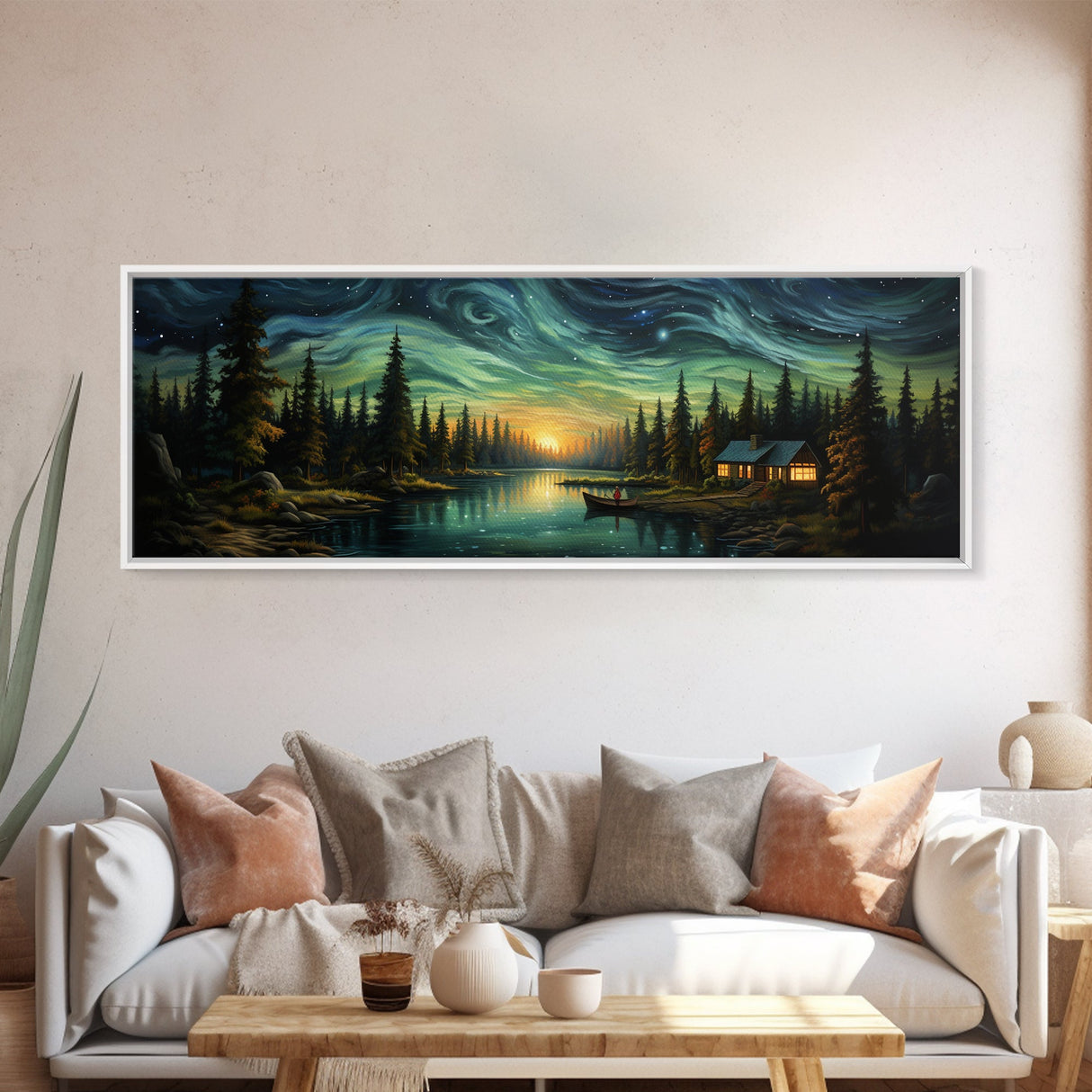 Vah Gogh Inspired Starry Night Farmhouse Painting Framed Canvas Print, Beautiful Minimalist Landscape Painting, Wall Art