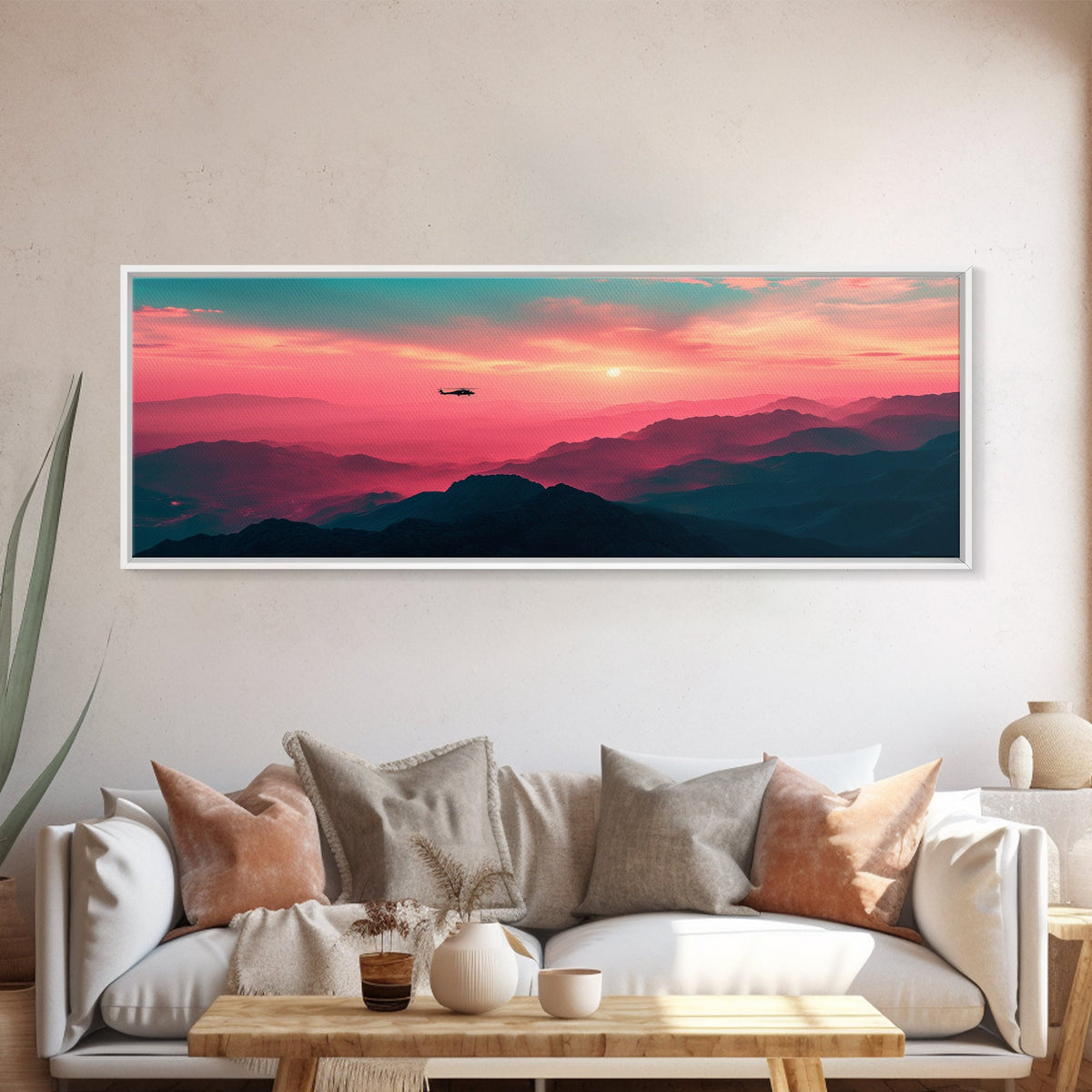 Fire Response - Blackhawk Helicopter Over The Mountains - Southern California - Framed Canvas Print, Synthwave Style Military Art
