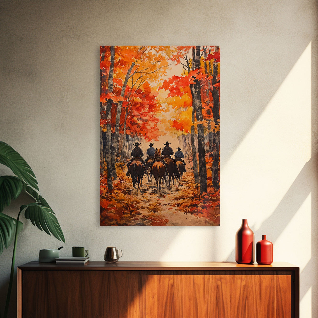 Cowboys Riding Into Town On Thanksgiving, Western Fall Decor, Framed Canvas Print, Autumn Outdoor Decor, Christmas poster