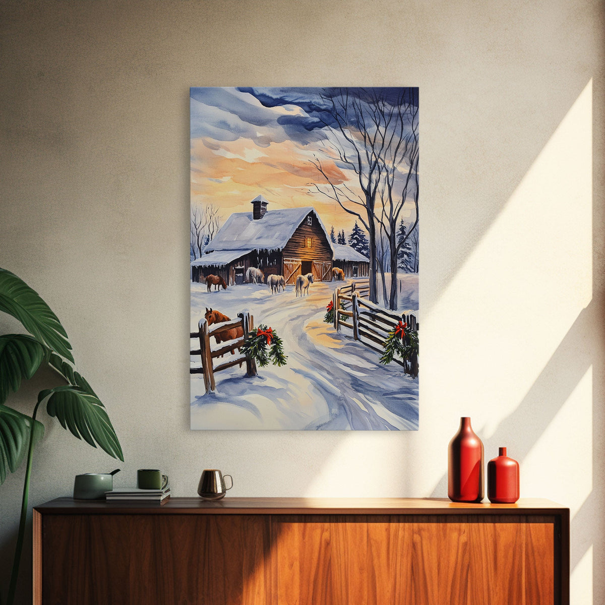 Christmas On The Farm, Winter Wall Art Framed Canvas Print, Gift Idea, Seasonal Decor, Barn Painting, Farmhouse Art