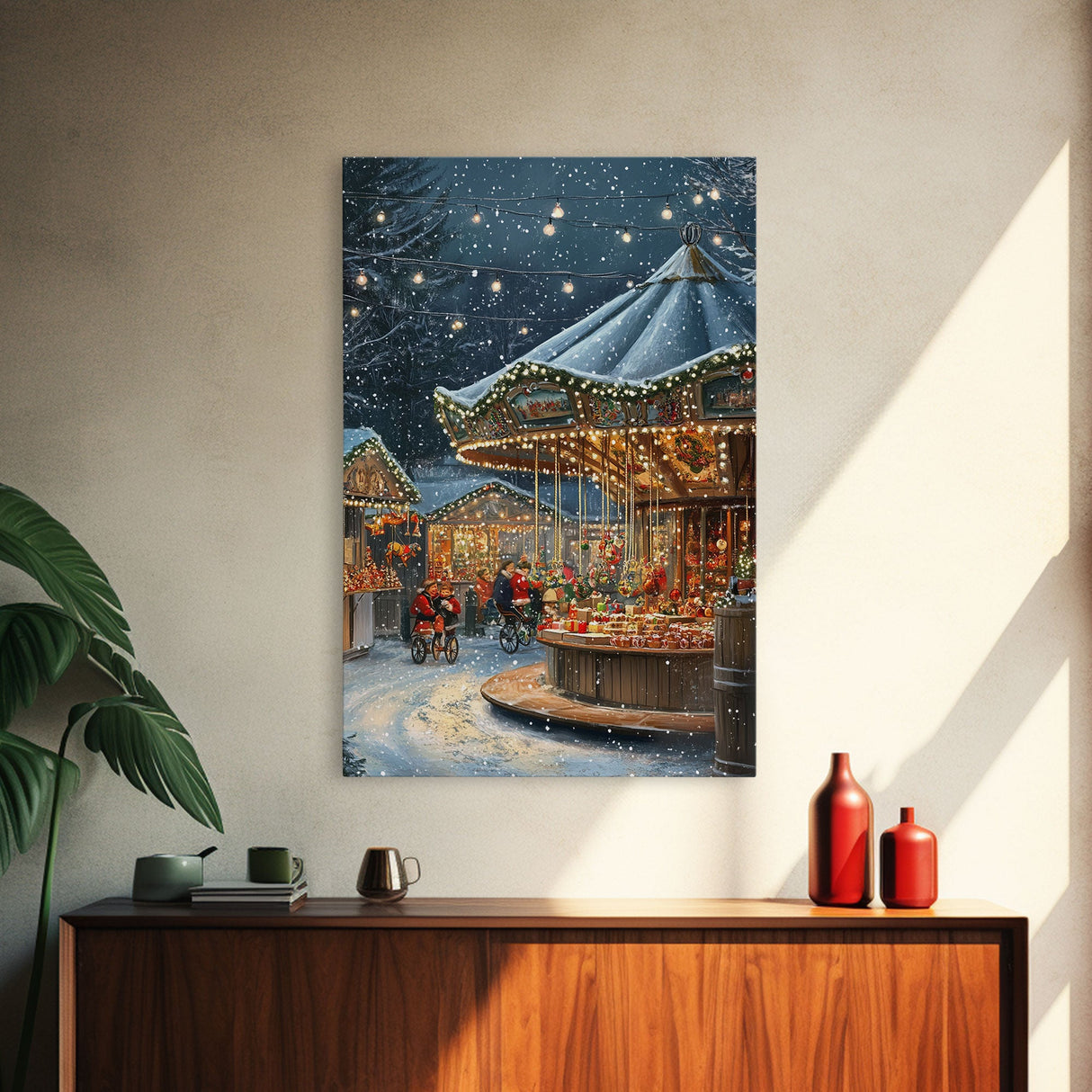 Christmas Carousel at a Snowy Night Market with Festive Lights and Ornaments, Framed Canvas Print for Christmas Wall Decor
