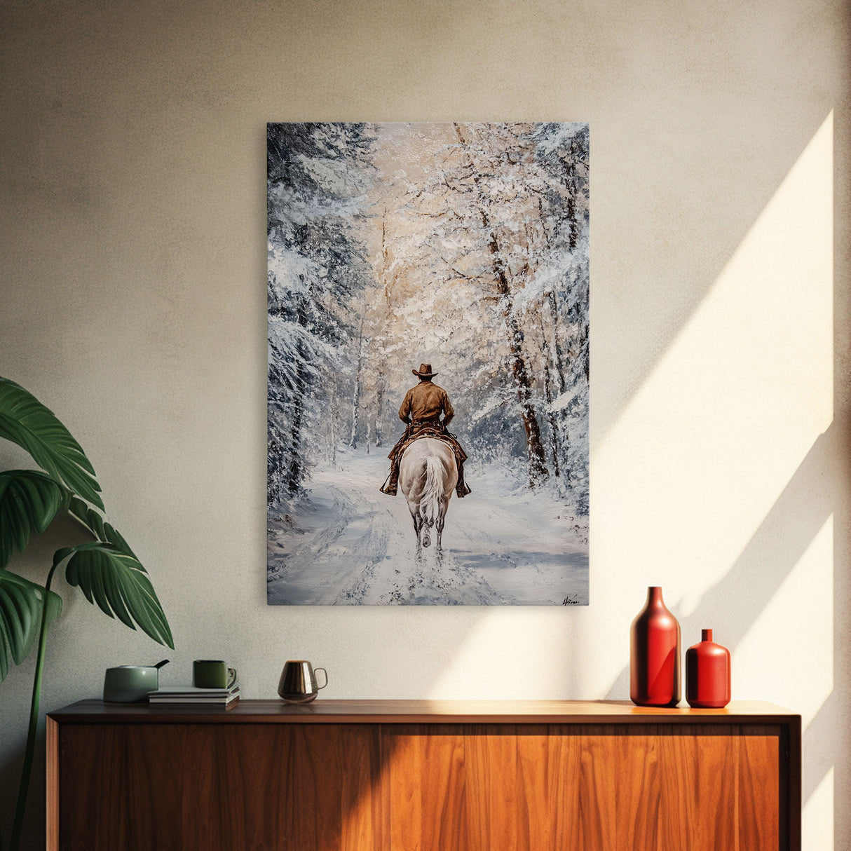 Cowboy by Window with Coffee Framed Canvas Print - Cozy Christmas Wall Art 2024 Rustic Holiday Decor and Gift Idea