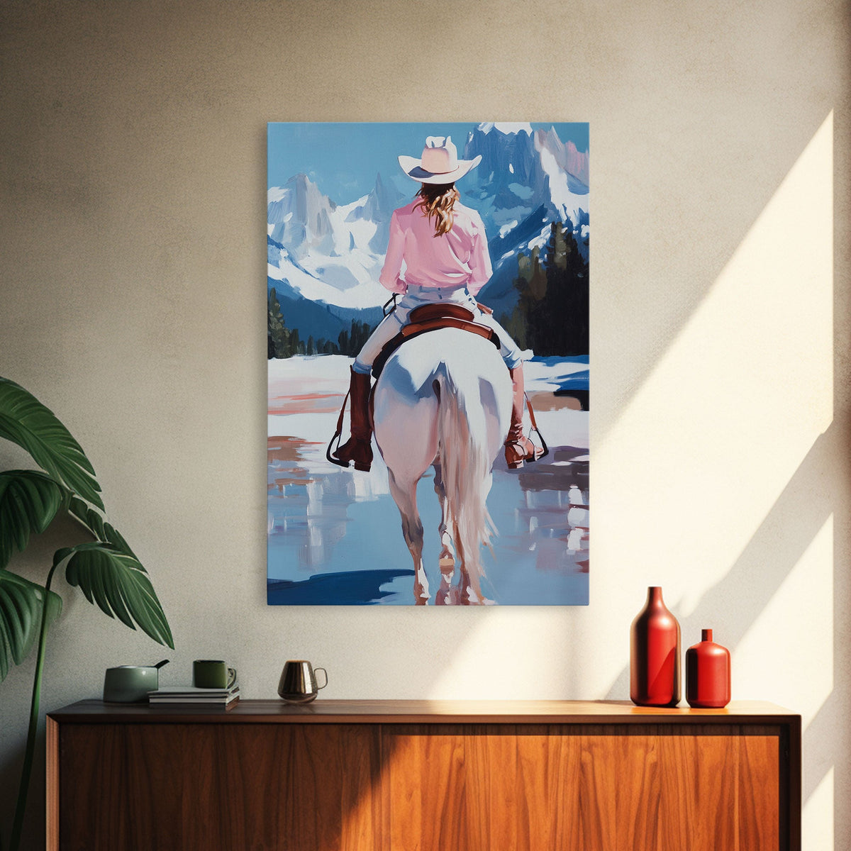 Female Cowboy Riding Through Winter Mountains Framed Canvas Print Christmas Wall Art Winter Wonderland Vintage Christmas Gift Wall Art
