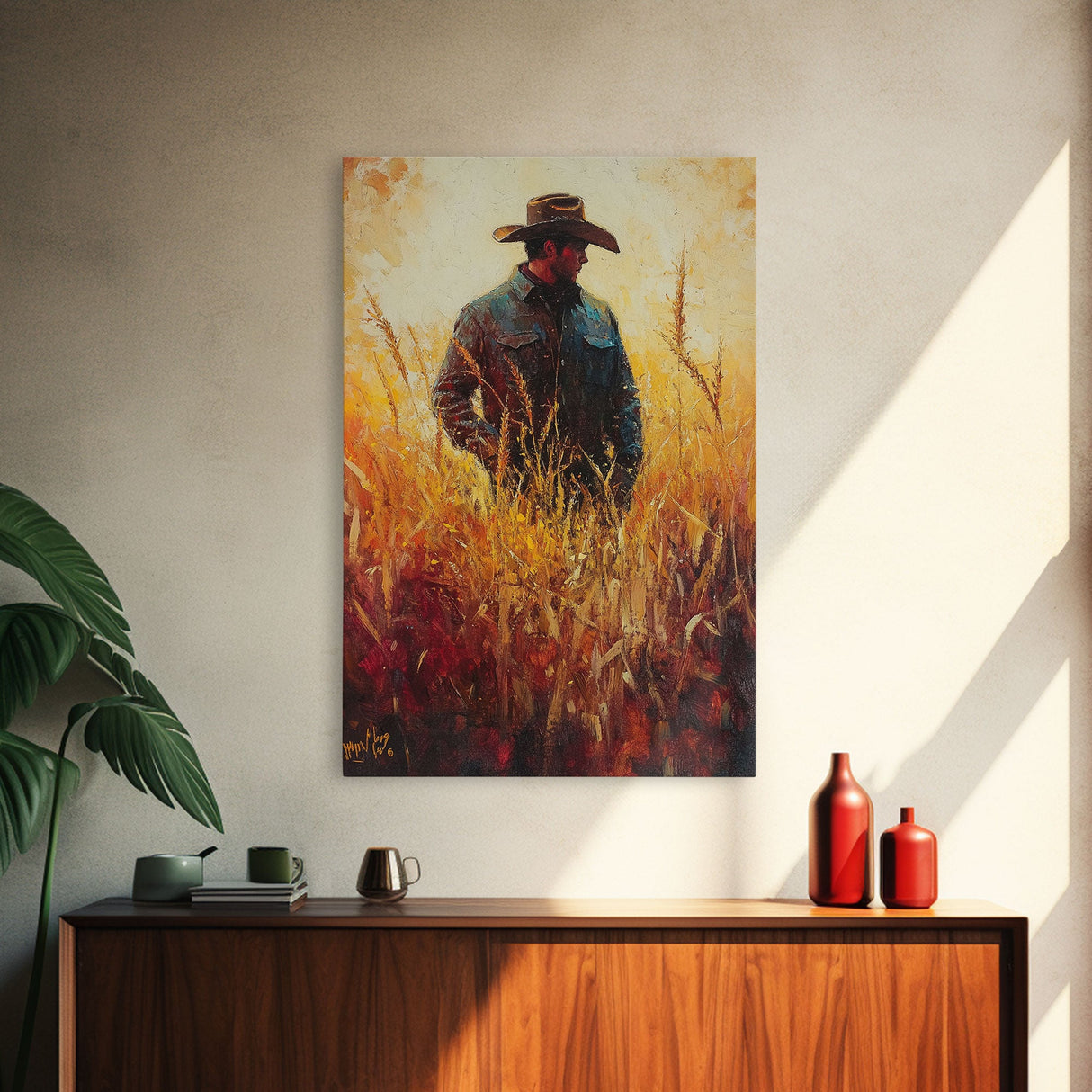 Cowboy in Golden Wheat Field Canvas Print, Western Landscape Art Gift, Seasonal Decor, Modern, Perfect Holiday Gift, Framed Canvas Print