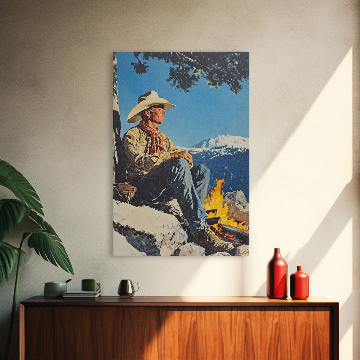 Cowboy Resting by the Fire Canvas Print, Winter Mountain Scene, Seasonal Wall Art, Rustic Western Decor, Holiday Gift, Framed Canvas Print