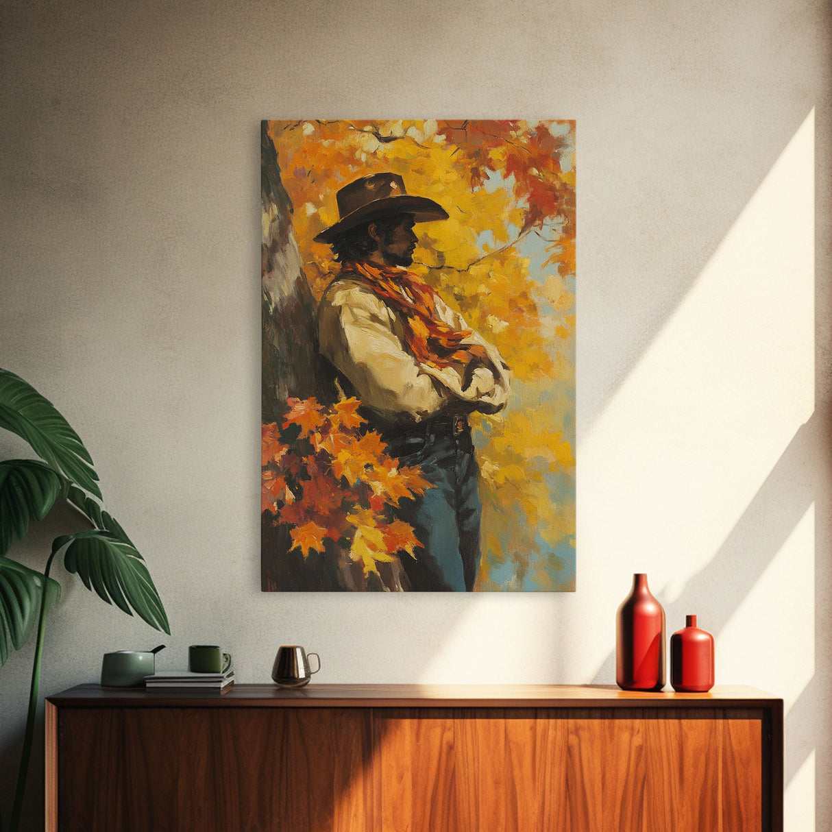 Cowboy Walking in Winter Forest at Sunset Canvas Print, Seasonal Western Wall Art, Rustic Christmas Wall Decor, Vibes, Framed Canvas Print