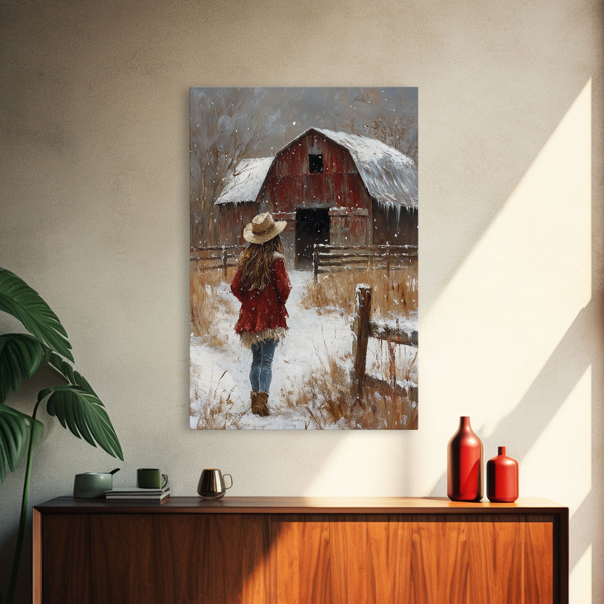 Country Girl with Falling Leaves Canvas Print, Autumn Wall Art, Farmhouse Holiday Decor, Fall Decor, Trendy Wall Art, Framed Canvas Print