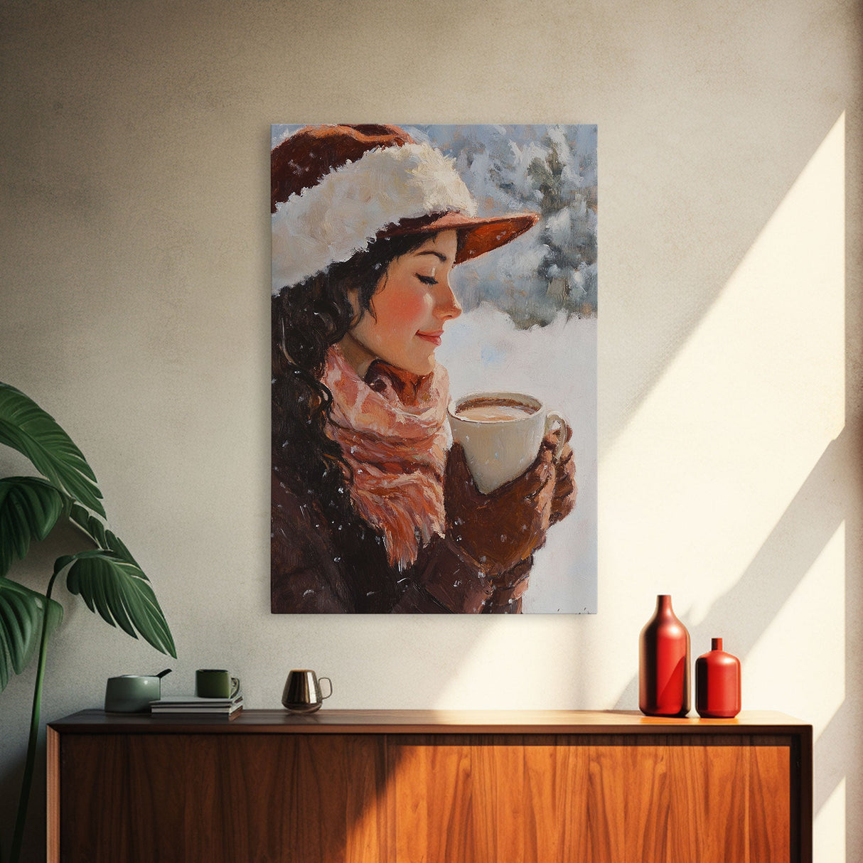 Framed canvas print of a peaceful winter scene with a woman a hot chocolate perfect for holiday gift idea or rustic Christmas wall art decor