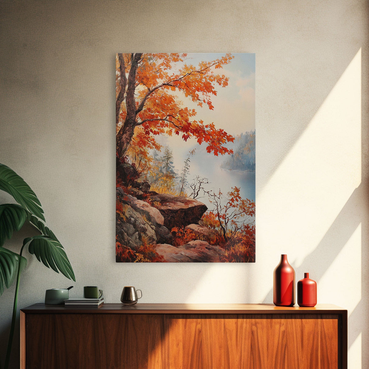Fall In The Virginia Mountains - Framed Canvas Print - Autumn Leaves Falling On The Mountain Lake Landscape