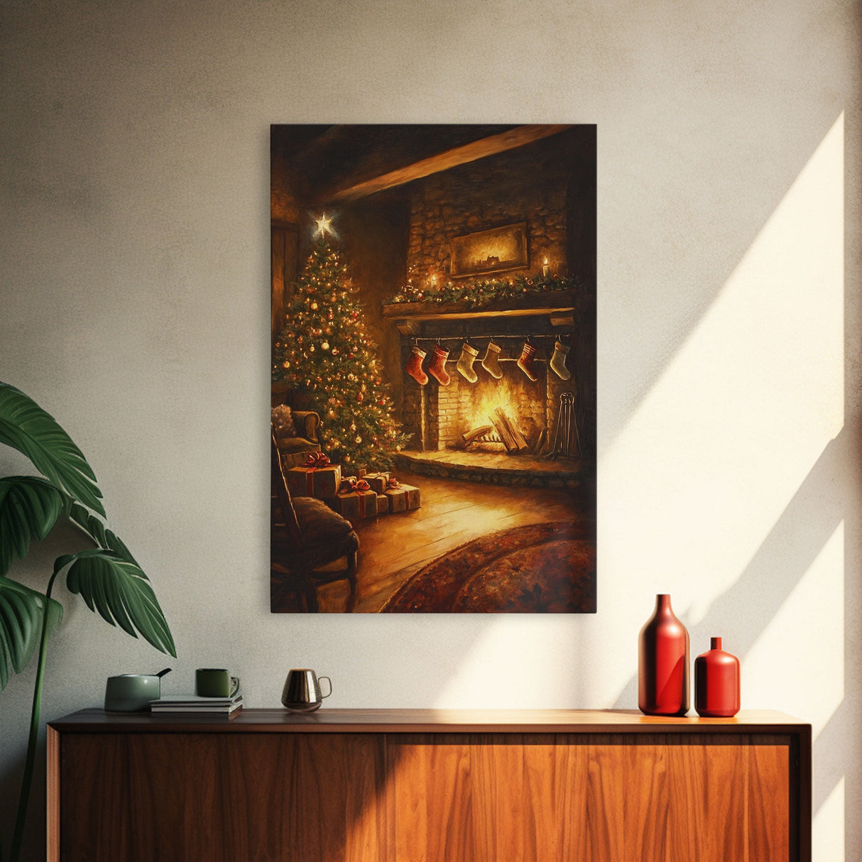 Rustic Cabin Fireplace With Christmas Tree Framed Canvas Print Warm Holiday Decor With Stockings And Christmas Lights Christmas Wall Art