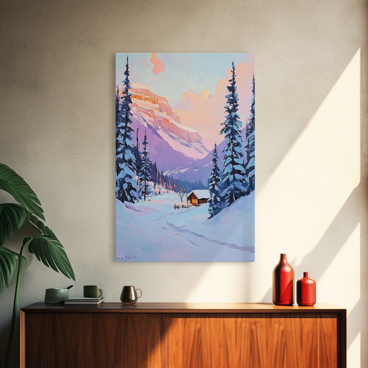 Snowy Cabin at Sunset Framed Canvas Print, Cozy Mountain Retreat with Snow-Covered Pines, Winter Landscape Art for Decor and Rustic Wall Art