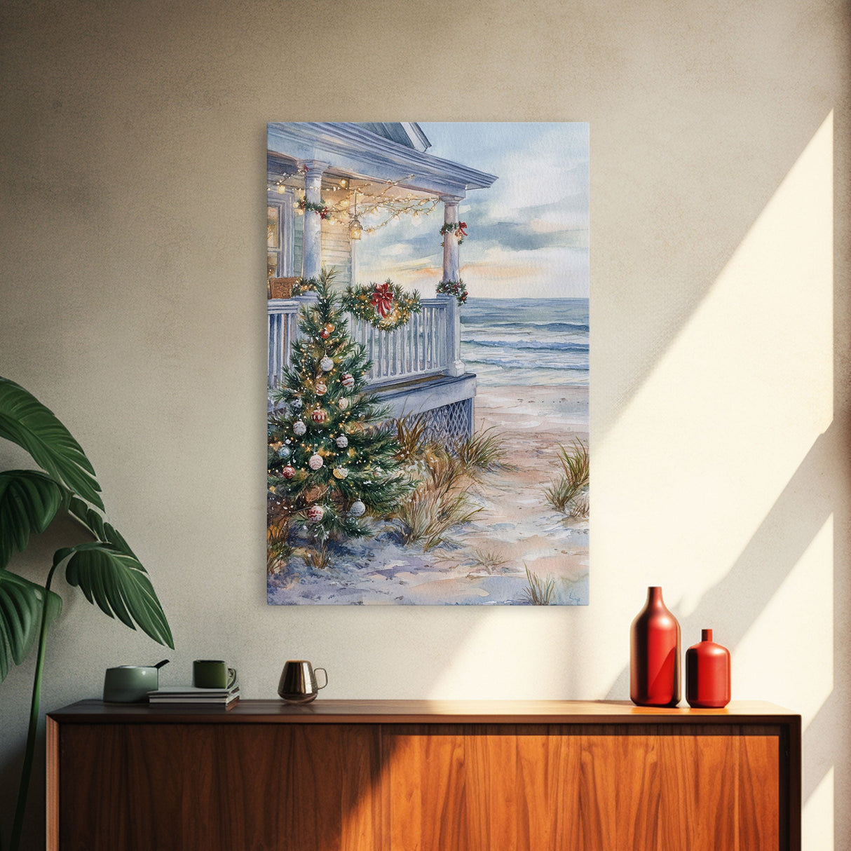 Coastal Christmas Tree Framed Canvas Print, Festive Holiday Decor Tree Beach and Ocean View, Nautical Wall Art Tropical Christmas Decor
