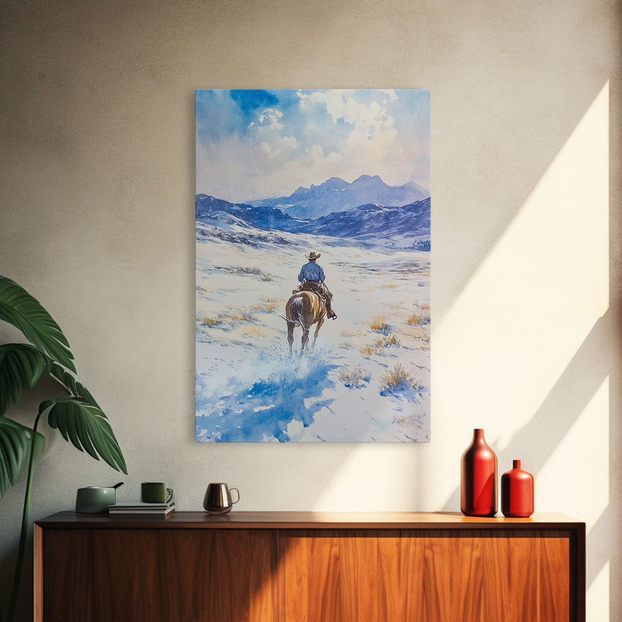 Cowboy riding through snowy mountain pass, Framed Canvas Print, western winter landscape wall art, farmhouse holiday decor Christmas gift