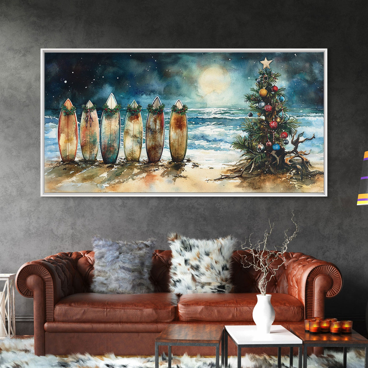 Canvas Print Surfboards and Christmas Tree at Beach, Tropical Christmas Decor, Beach Christmas Art, Coastal Holiday Wall Art