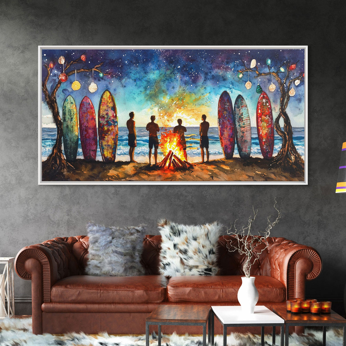 Canvas Print Beach Bonfire with Surfboards Under Stars, Coastal Christmas Art, Tropical Holiday Wall Art, Beach Christmas Decor