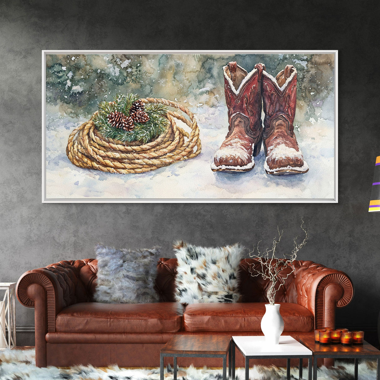 Canvas Print Cowboy Boots with Christmas Wreath and Rope, Rustic Christmas Decor, Winter Western Holiday Art, Farmhouse Wall Print