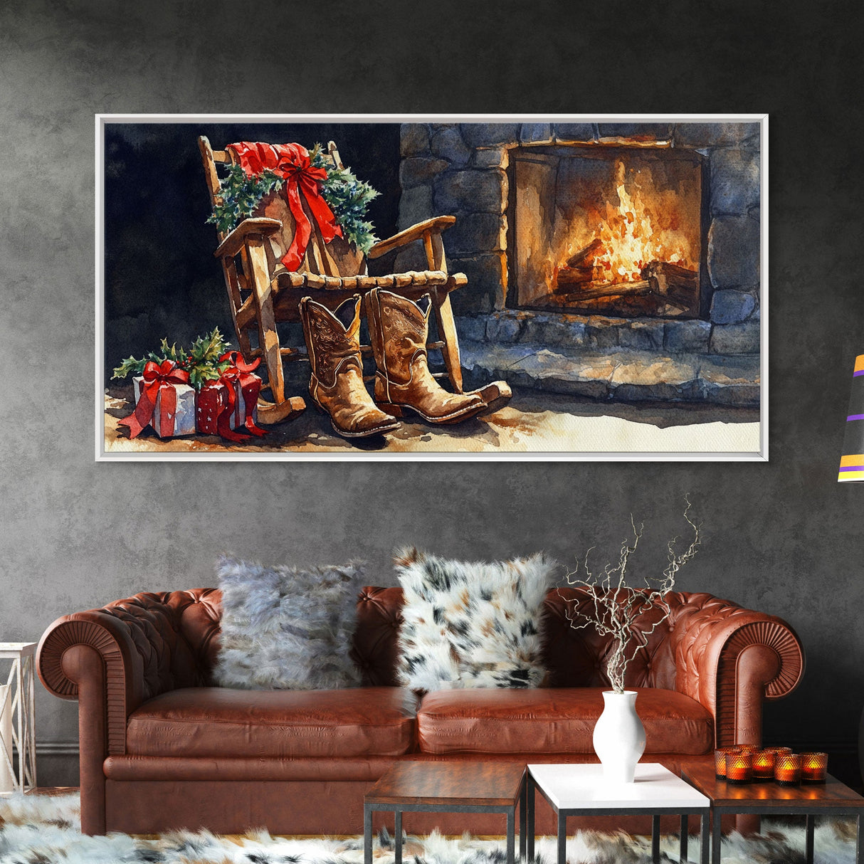 Canvas Print Rocking Chair and Cowboy Boots by Fireplace, Cozy Christmas Decor, Western Holiday Wall Art, Rustic Christmas Scene