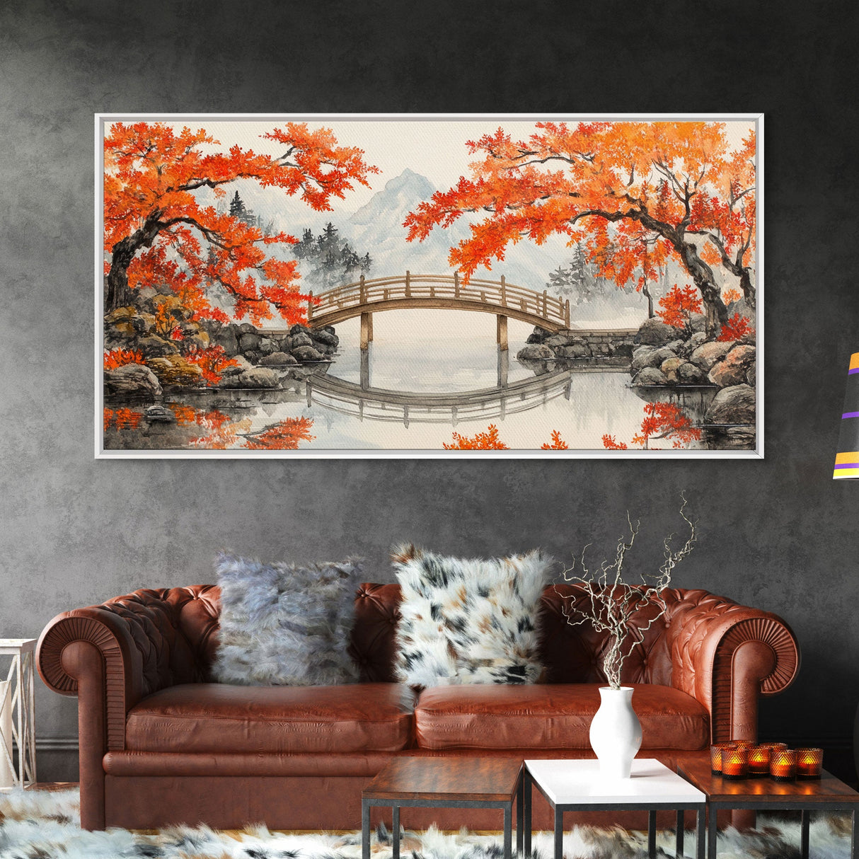 Japanese Bridge in Autumn Framed Canvas Print Fall Landscape Art Nature Wall Decor Seasonal Holiday Art Rustic Country Gift Idea 2024