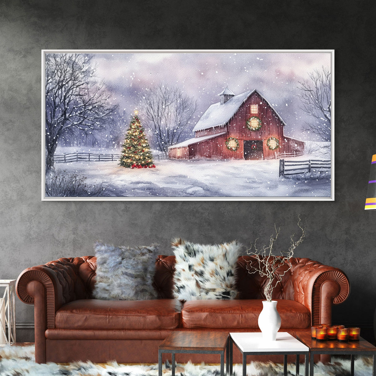 Christmas decor farmhouse Framed Canvas Print snowy barn scene holiday wall art Christmas tree decor best gift Christmas holiday home decor