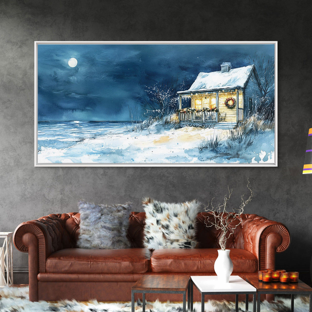 Coastal Christmas cabin decor, winter beach house art, snowy holiday seaside print, cozy Christmas wall art, framed canvas print