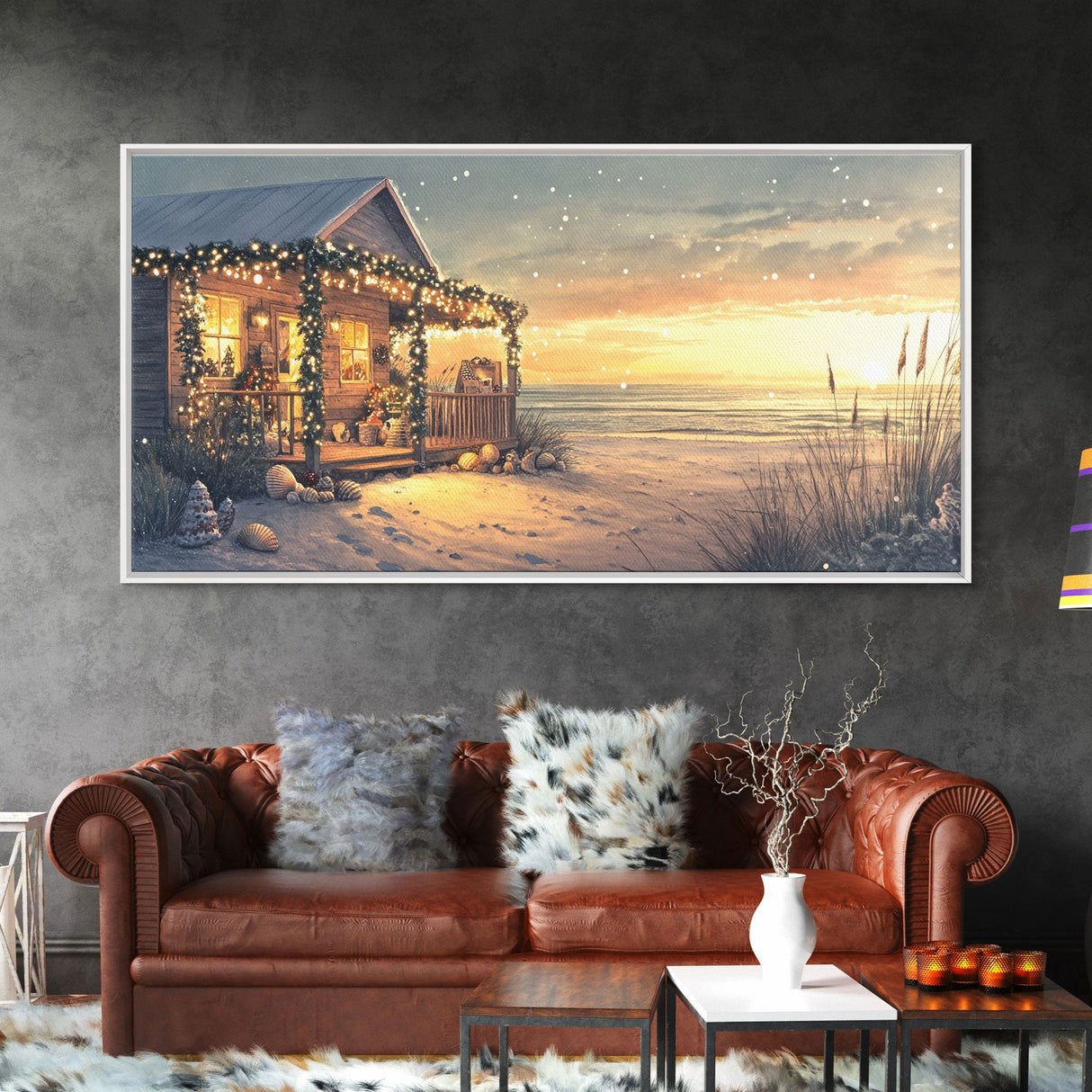 Christmas beach house decor, coastal holiday home art, seaside Christmas wall art, festive beach house print, framed canvas print