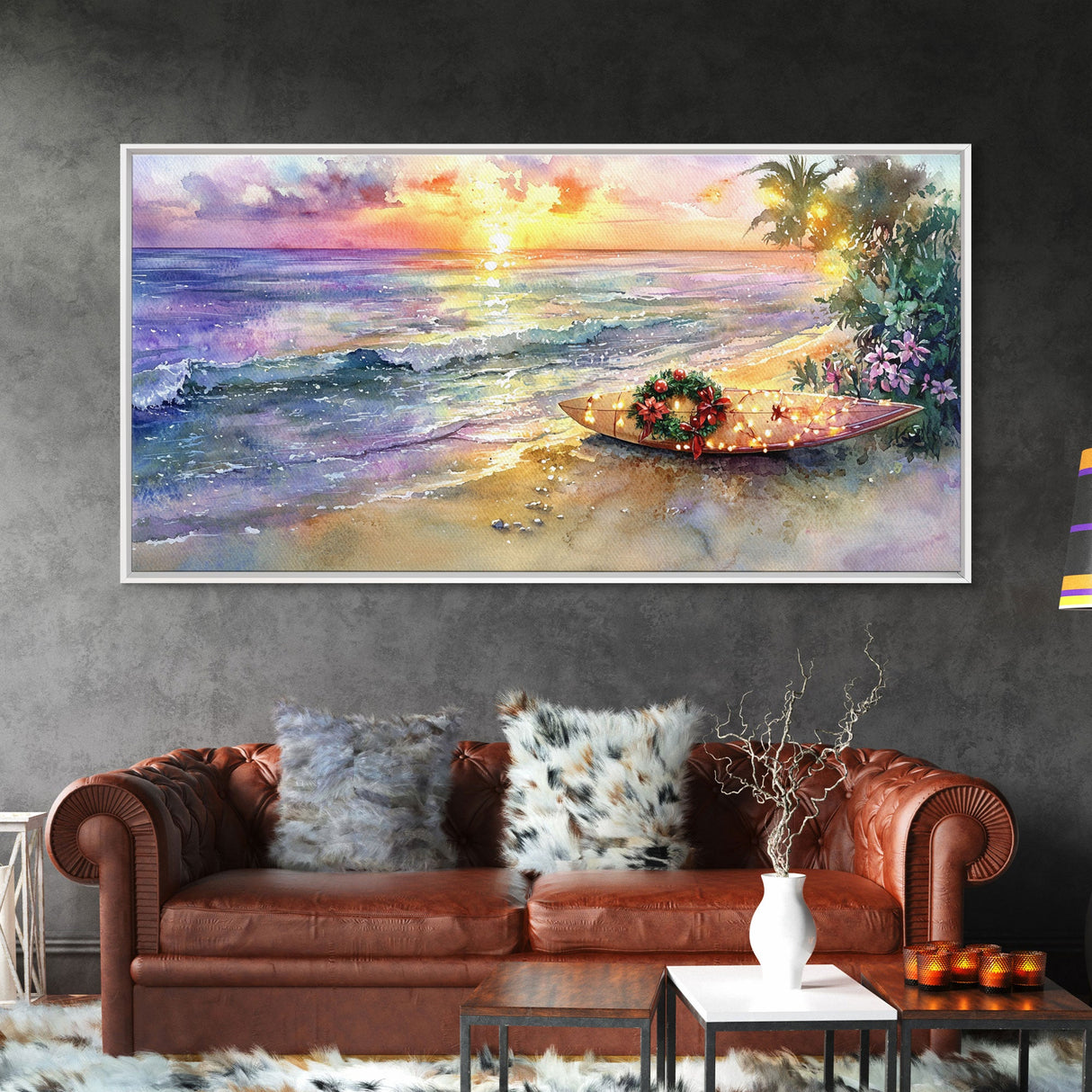 Christmas Surfboard Beach Decor Canvas Print | Tropical Coastal Christmas Art | Beach Christmas Wall Art | 2024 Holiday Decor | Gift Idea