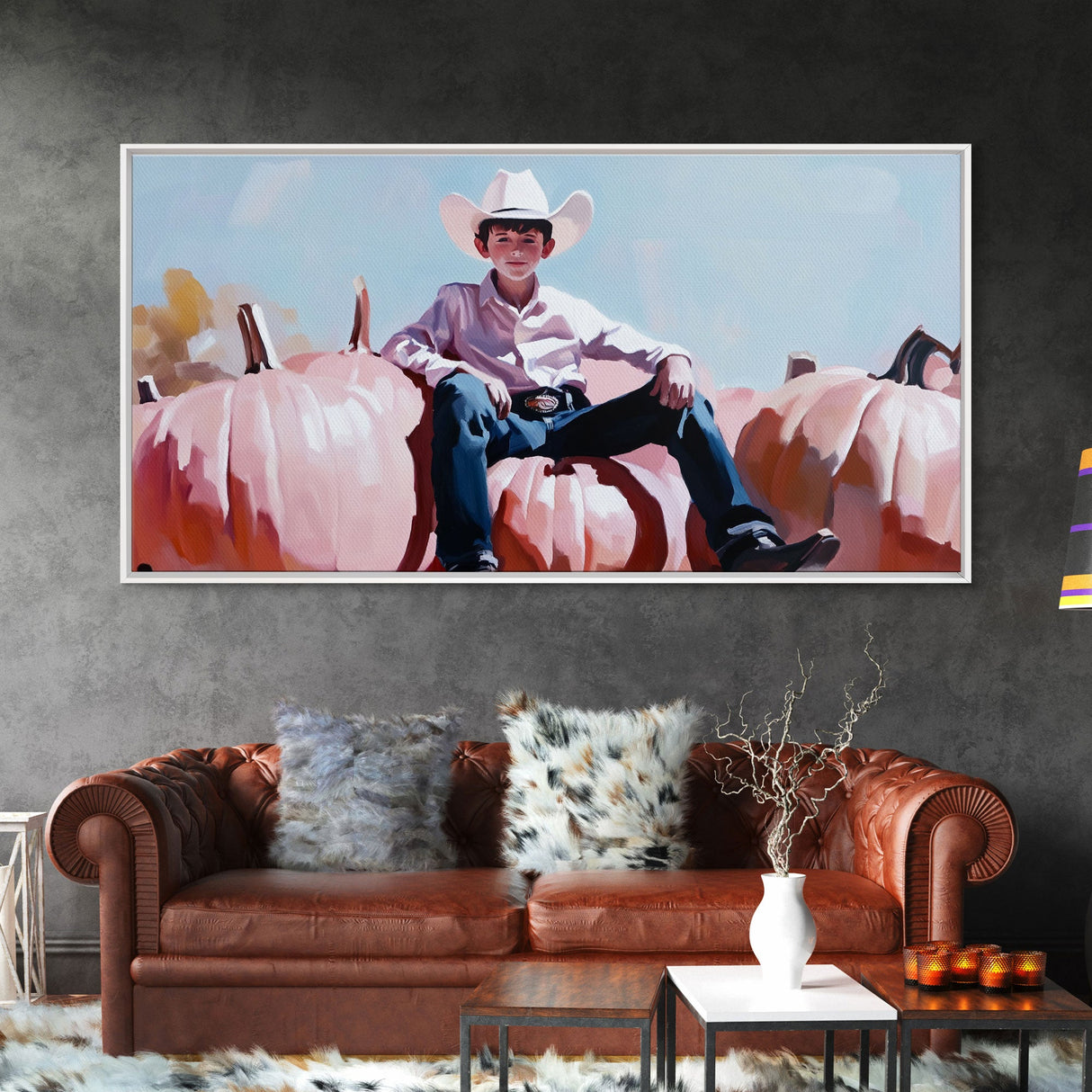 Black And White Cowboy Framed Canvas Print Moody Landscape Fall Art Above Sofa Decor Rustic Western Cowboy Autumn Wall Art