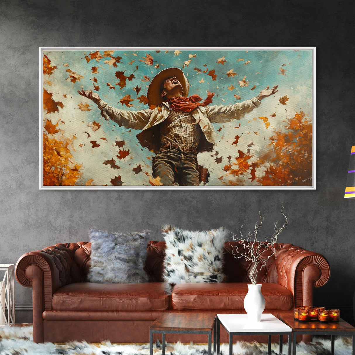 Cowboy Throwing Leaves In The Air, Funny Western Decor, Framed Canvas Print, Mood Lifting Wall Art, Fall Decor