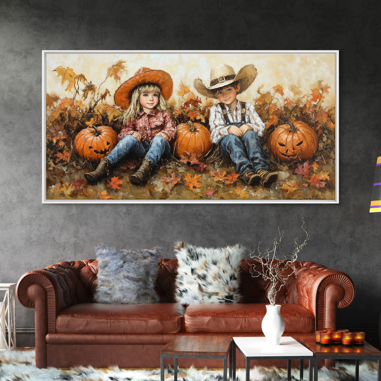 Framed Canvas Print Cowboy On Horse Overlooking Fall Mountain Peaks Western Horse Rider Autumn Scenic Wall Art Fall Colors
