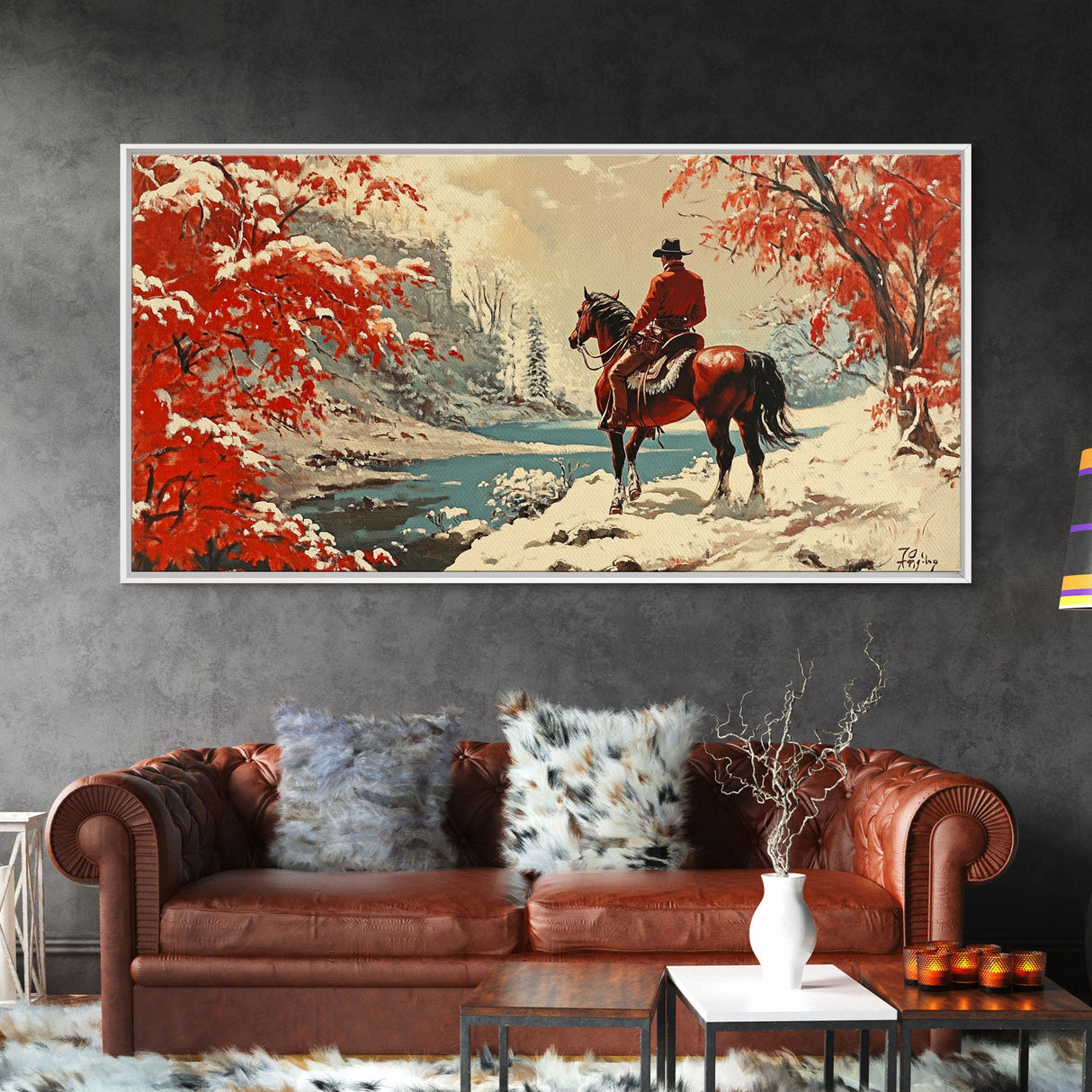 Cowboy resting by campfire under aspen trees with mountains in background, Framed Canvas Print, rustic wall art, warm western decor piece
