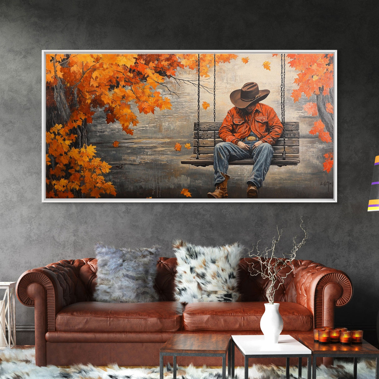 Monochrome Framed Canvas Print of a woman in a snowy field holding red flowers, moody landscape wall art and rustic winter holiday decor